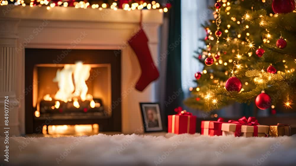Christmas Fireplace With Decorated Tree and Gifts Generative AI Christmas Fireplace With Decorated Tree and Gifts Generative AI
