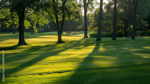 A golf course with trees in the background and the sun shining on the grass. The shadows of the trees are cast on the grass, creating a serene and peaceful atmosphere