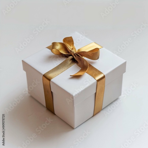 Elegant White Gift Box with Golden Ribbon on White Background