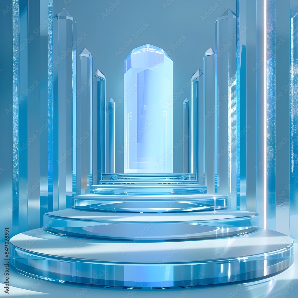 Sparkling Crystal Podium Against a Bright Azure Backdrop - A and Professional Photography Sparkling Crystal Podium Against a Bright Azure Backdrop - A and Professional Photography