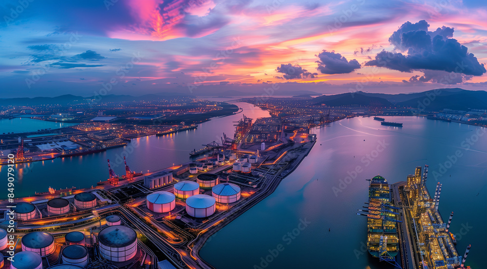 Obraz premium Aerial view of oil storage tanks and machinery at the petrochemical port with an industrial harbor during sunset.