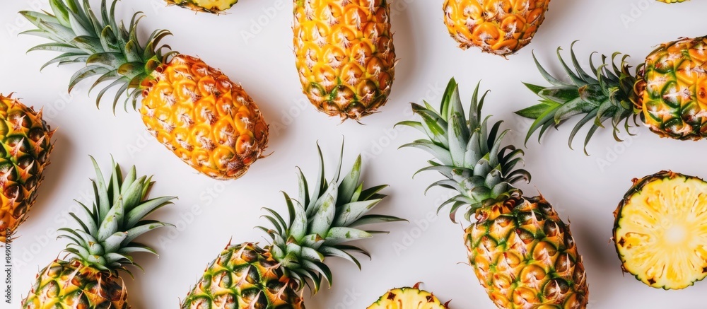 Pineapple harvest lying on the table, top view, agribusiness business concept, organic healthy food and non-GMO fruit with copy space Pineapple harvest lying on the table, top view, agribusiness business concept, organic healthy food and non-GMO fruit with copy space