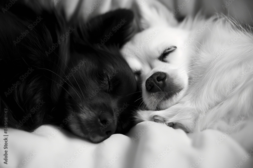 Peaceful Black and White Dogs Sleeping Together on a Cozy Blanket. Peaceful Black and White Dogs Sleeping Together on a Cozy Blanket.