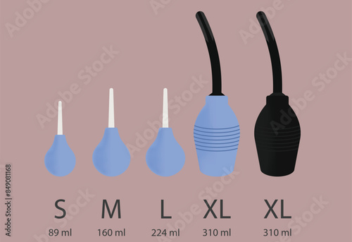 Five different enemas in size and shape, blue and black
