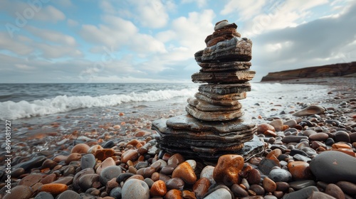 Flat rock tower on a pebbly shore