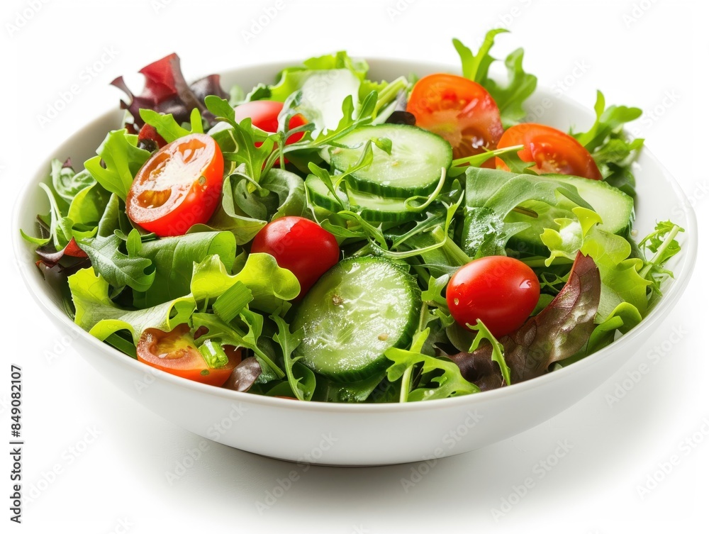 A bowl of vibrant, fresh salad with mixed greens, cherry tomatoes, and cucumber slices, isolated on a white background, studio lighting for clarity and appeal A bowl of vibrant, fresh salad with mixed greens, cherry tomatoes, and cucumber slices, isolated on a white background, studio lighting for clarity and appeal