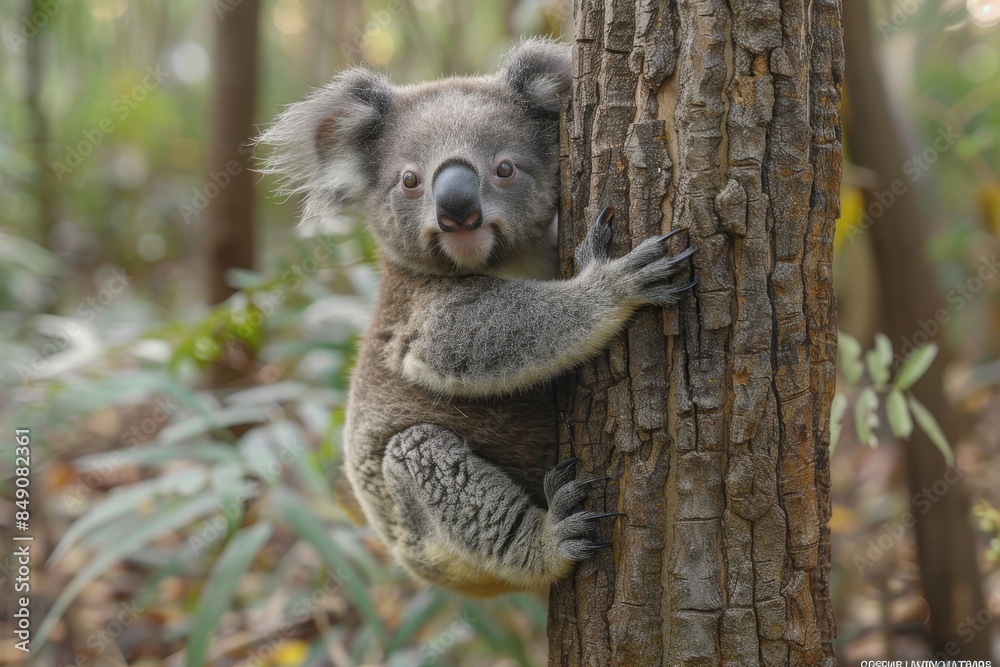 Fototapeta premium Baby Koala: A cute baby koala, clinging to a eucalyptus tree branch, with soft, fluffy gray fur. 