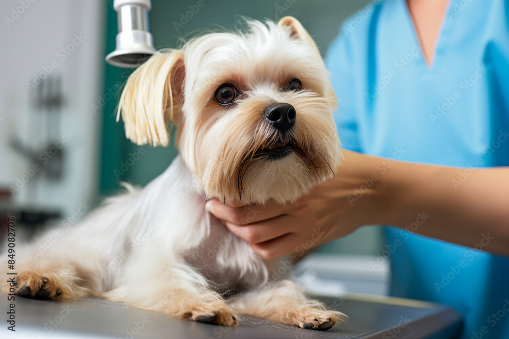 AI generated image of cute dog sitting in a veterinary clinic with vet doctor in a cabinet AI generated image of cute dog sitting in a veterinary clinic with vet doctor in a cabinet