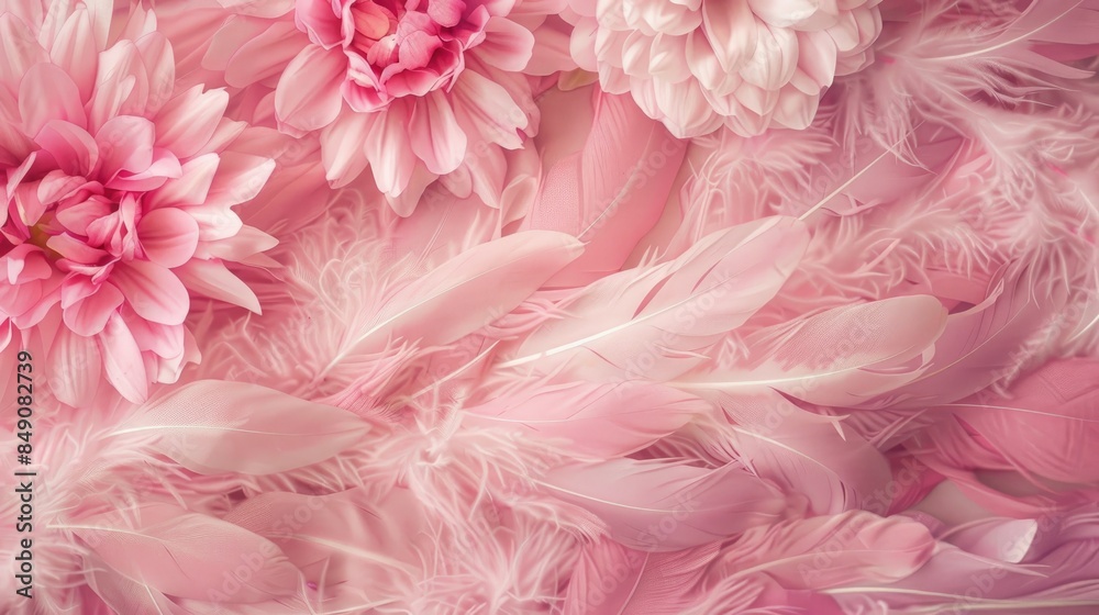 Close up of a textured background featuring pink feathers and chrysanthemum pattern Close up of a textured background featuring pink feathers and chrysanthemum pattern