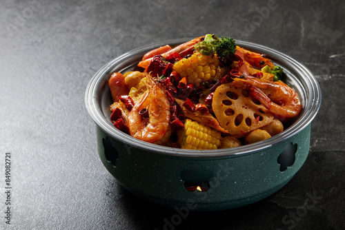 stir fried vegetable Chinese mala xiang guo with prawn seafood, corn, lotus, meat ball in spicy chilli sauce in clay pot on rock table asian healthy halal food cuisine restaurant banquet menu for cafe