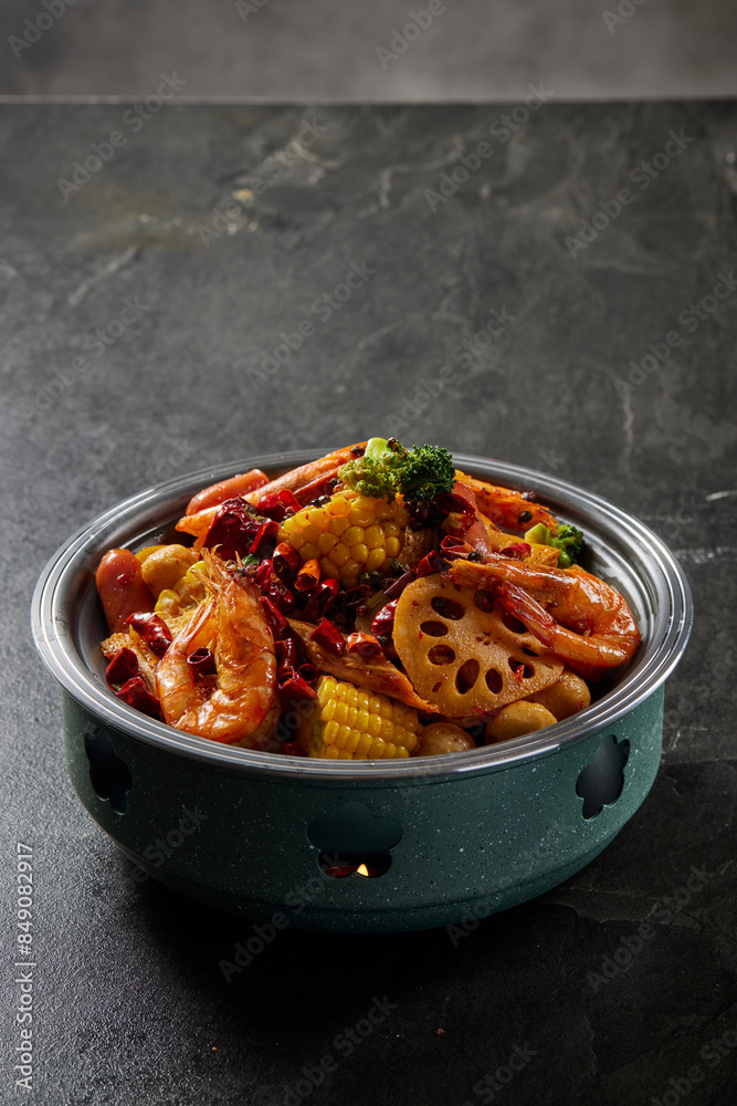 stir fried vegetable Chinese mala xiang guo with prawn seafood, corn, lotus, meat ball in spicy chilli sauce in clay pot on rock table asian healthy halal food cuisine restaurant banquet menu for cafe