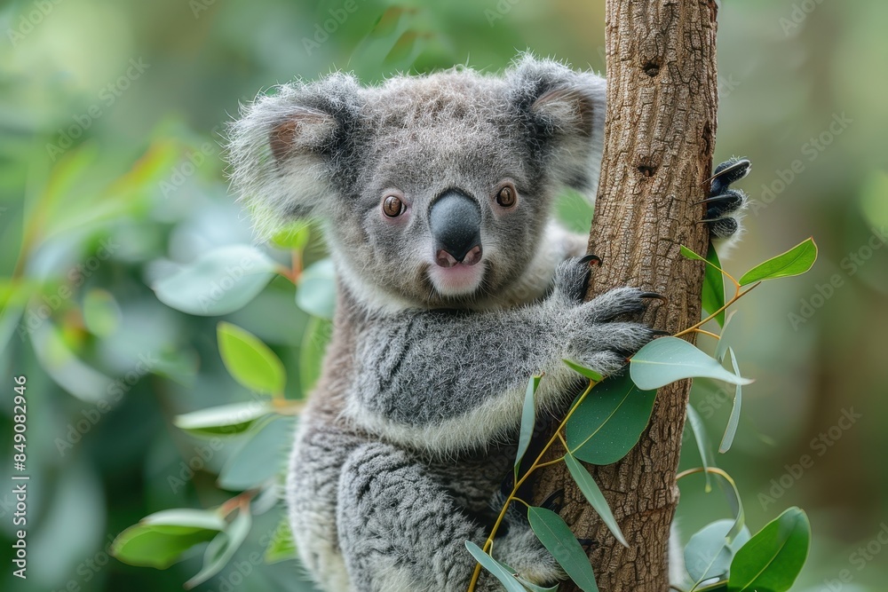 Fototapeta premium Baby Koala: A cute baby koala, clinging to a eucalyptus tree branch, with soft, fluffy gray fur. 