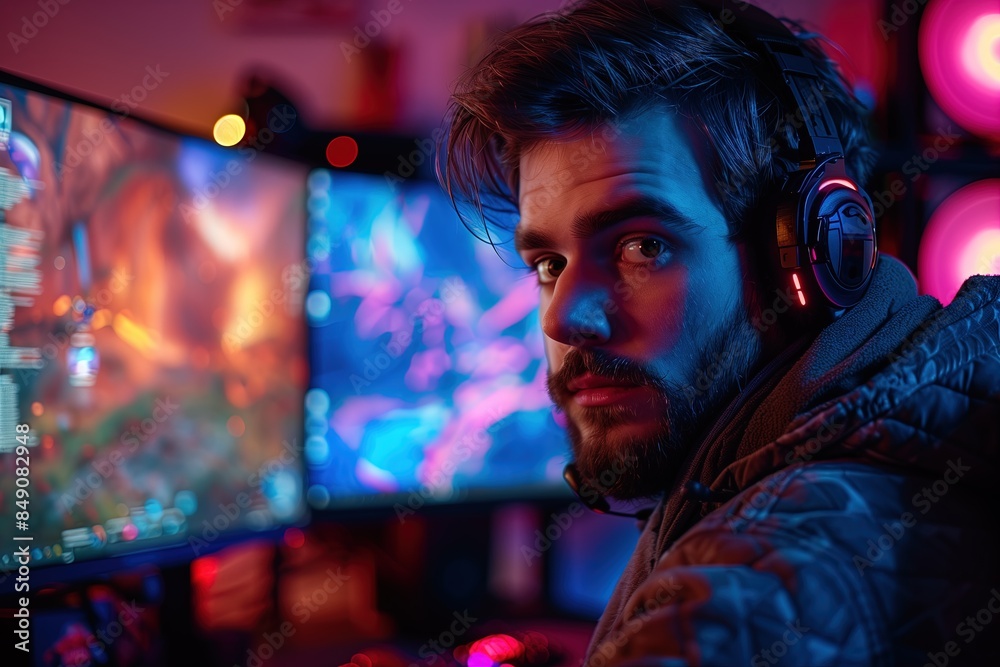 Gamer in High-Tech Setup with Multiple Monitors and Neon Lights
