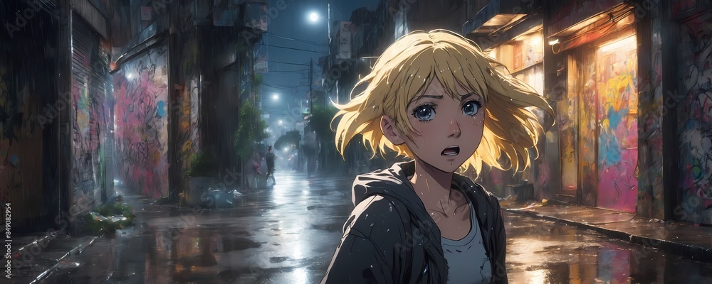 blonde manga girl in ghetto with graffiti on walls. Extremely detailed high resolution illustration blonde manga girl in ghetto with graffiti on walls. Extremely detailed high resolution illustration