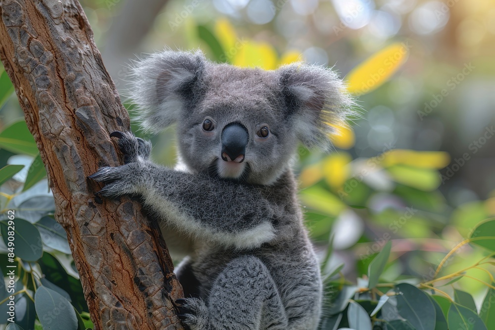 Obraz premium Baby Koala: A cute baby koala, clinging to a eucalyptus tree branch, with soft, fluffy gray fur. 