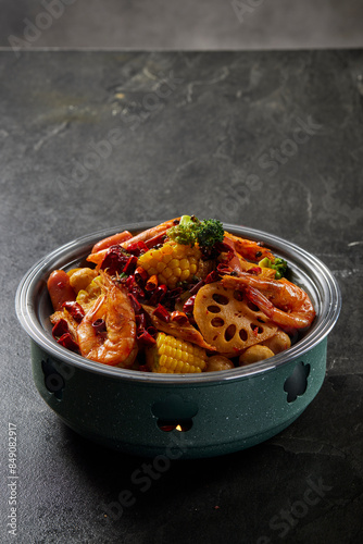 Obraz na płótnie stir fried vegetable Chinese mala xiang guo with prawn seafood, corn, lotus, meat ball in spicy chilli sauce in clay pot on rock table asian healthy halal food cuisine restaurant banquet menu for cafe w salonie