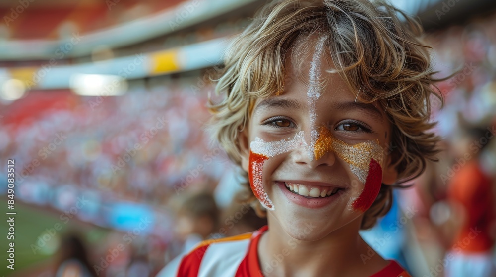 Happy young boy in a stadium with face painted in gold and red, expressing joy and sports fandom Happy young boy in a stadium with face painted in gold and red, expressing joy and sports fandom