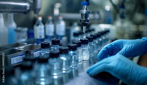 Medicine, vaccine concept, a hand wearing medical gloves is operating drugs on the assembly line