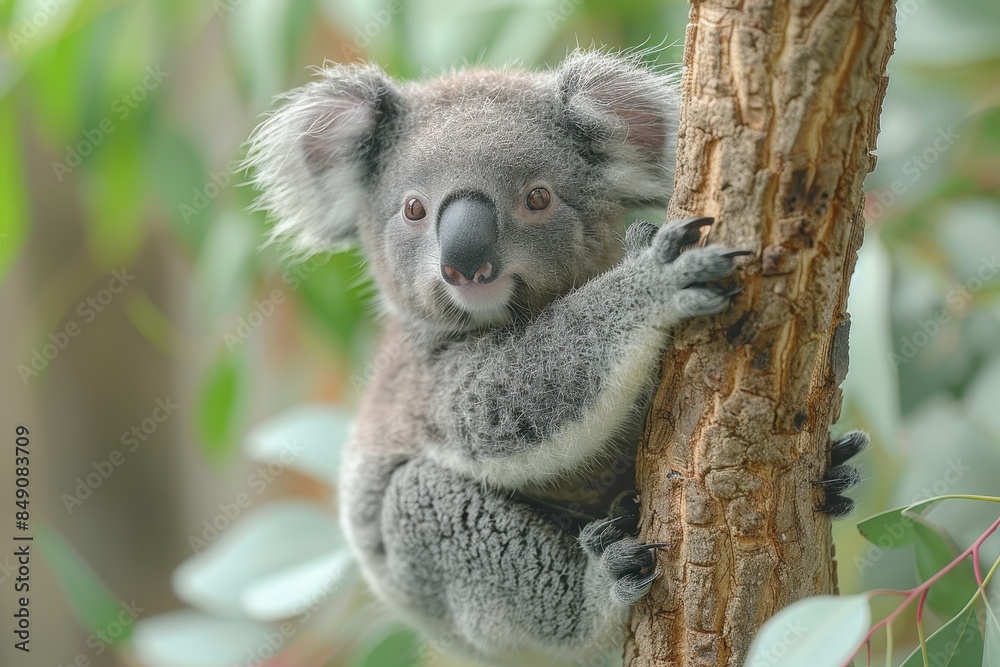 Baby Koala: A cute baby koala, clinging to a eucalyptus tree branch, with soft, fluffy gray fur. Baby Koala: A cute baby koala, clinging to a eucalyptus tree branch, with soft, fluffy gray fur.