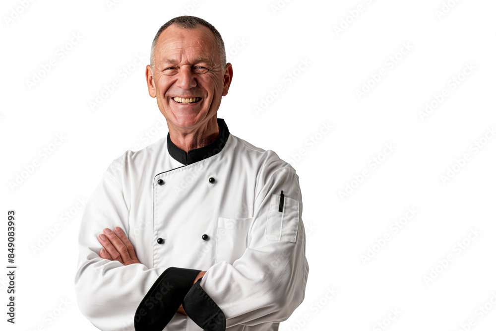 Elderly Male Chef with Balding Hair in White Chef Coat Smiling Broadly Elderly Male Chef with Balding Hair in White Chef Coat Smiling Broadly