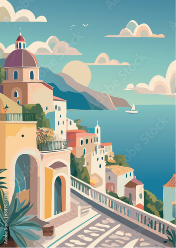 Paisaje postal de la costa mediterránea, costa amalfitana, italia, grecia, ilustración estilo acuarela en colores pasteles