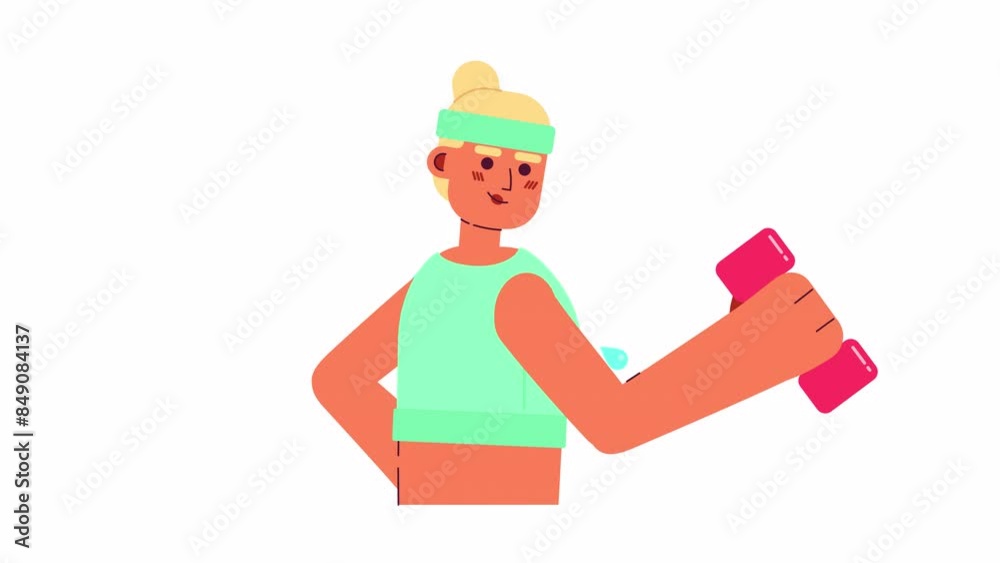 Blonde european woman training with dumbbell cartoon animation. Healthy exercising 4K video motion graphic. Caucasian woman doing fitness 2D color animated character isolated on white background Blonde european woman training with dumbbell cartoon animation. Healthy exercising 4K video motion graphic. Caucasian woman doing fitness 2D color animated character isolated on white background