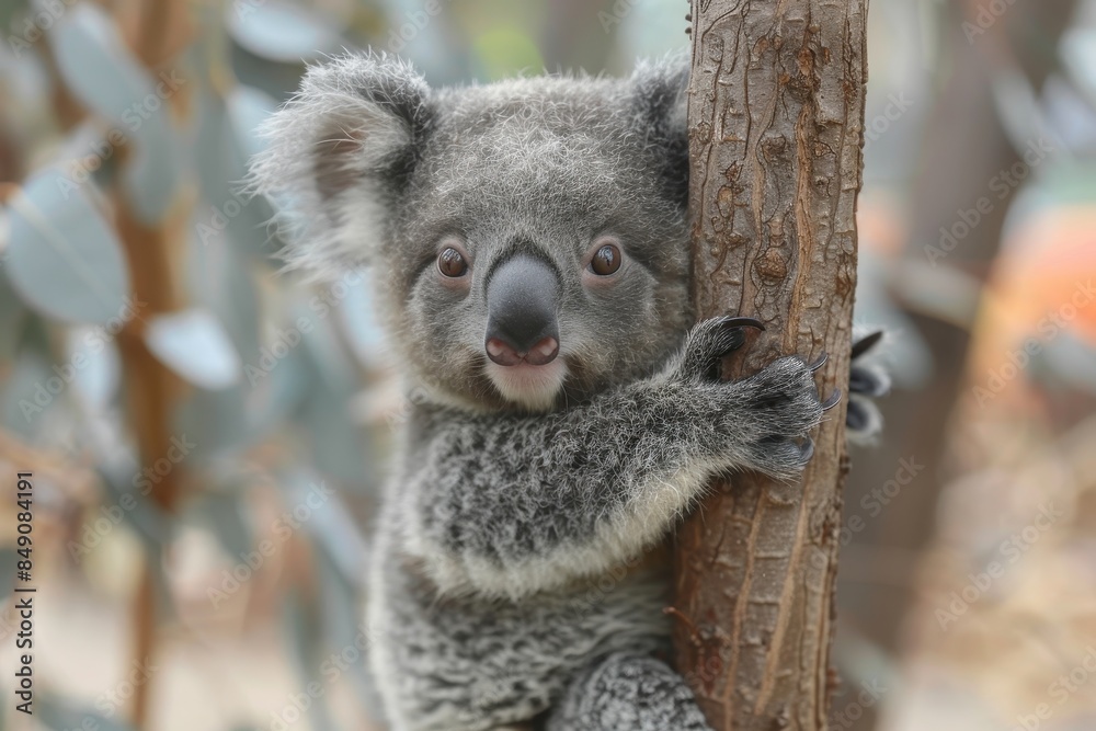 Obraz premium Baby Koala: A cute baby koala, clinging to a eucalyptus tree branch, with soft, fluffy gray fur. 