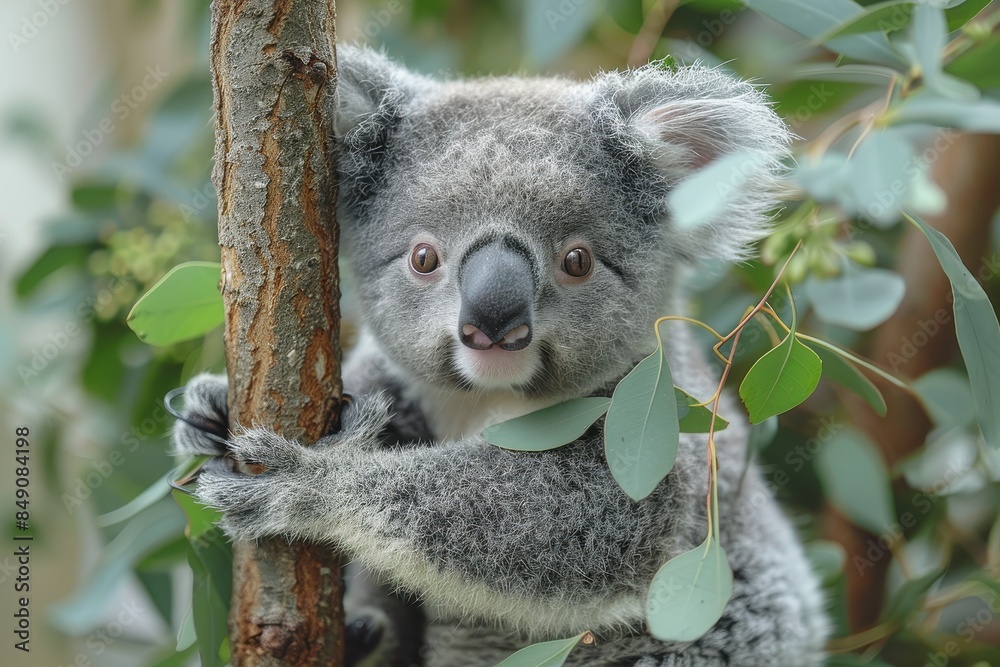Obraz premium Baby Koala: A cute baby koala, clinging to a eucalyptus tree branch, with soft, fluffy gray fur. 