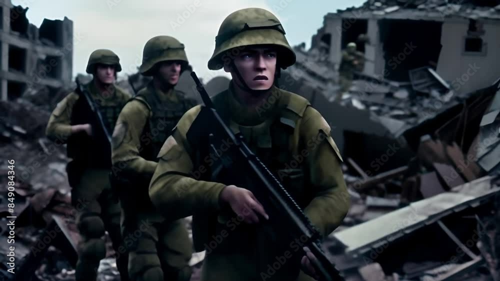 The grim reality of war as soldiers make their way through a ruined city, their faces etched with determination and a heavy sense of responsibility The grim reality of war as soldiers make their way through a ruined city, their faces etched with determination and a heavy sense of responsibility