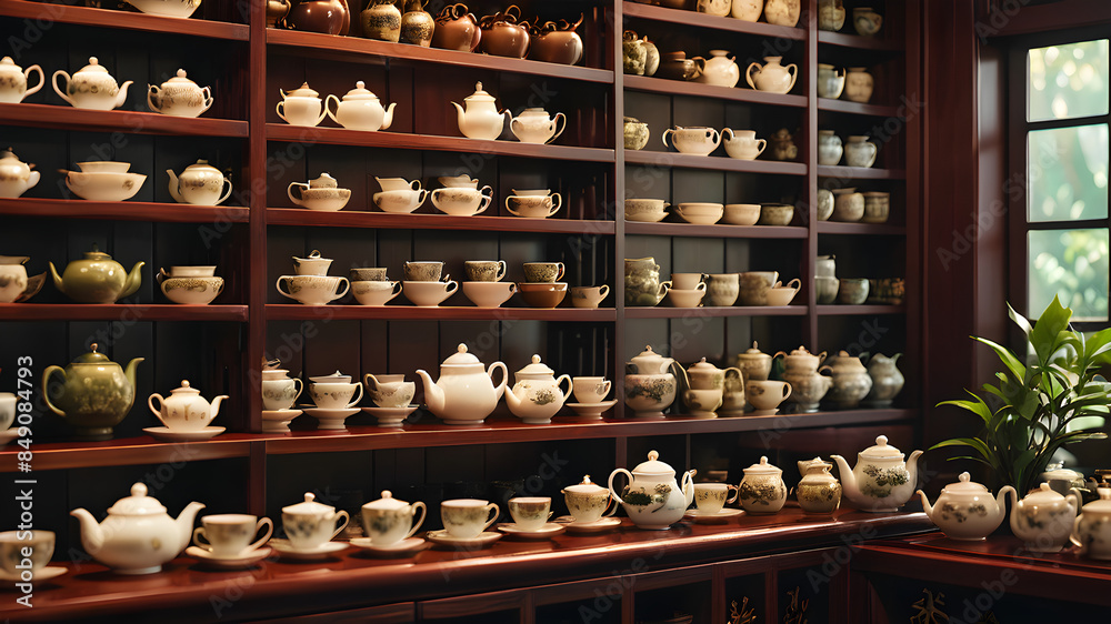 a picture of a quaint tea house with shelves lined with different tea varieties a picture of a quaint tea house with shelves lined with different tea varieties