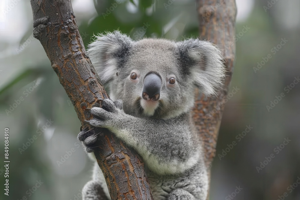 Baby Koala: A cute baby koala, clinging to a eucalyptus tree branch, with soft, fluffy gray fur. Baby Koala: A cute baby koala, clinging to a eucalyptus tree branch, with soft, fluffy gray fur.