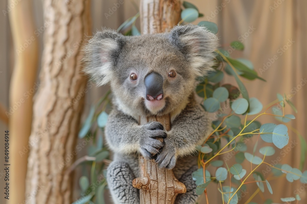 Fototapeta premium Baby Koala: A cute baby koala, clinging to a eucalyptus tree branch, with soft, fluffy gray fur. 