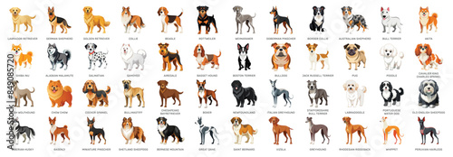 Dog breeds vector cartoon illustration set. Features popular breeds like labrador, poodle, bulldog, cocker spaniel, bullmastiff, labradoodle, rottweiler, shiba inu, german shepherd, golden retriever. photo