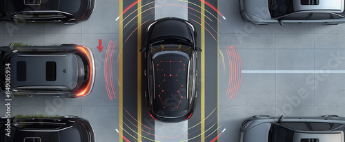 A smart car parking assist system is visualized from a top view, featuring autonomous technology for secure road scanning and self-parking photo