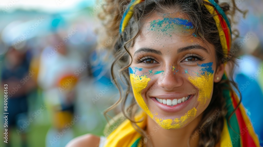 Joyful girl with blue & yellow face paint in a festive crowd setting Joyful girl with blue & yellow face paint in a festive crowd setting