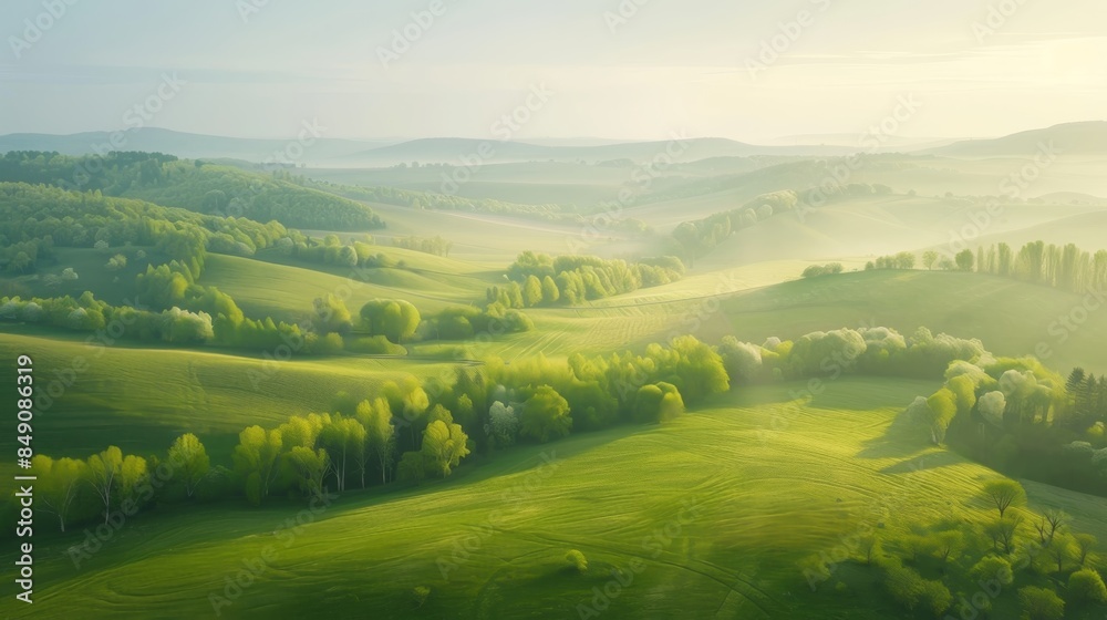 Obraz premium Green rolling hills landscape in early morning light