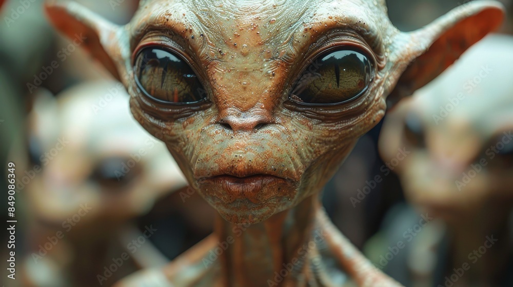 The image is a close-up of alien figures with one of the faces blurred, focusing on fantasy themes The image is a close-up of alien figures with one of the faces blurred, focusing on fantasy themes