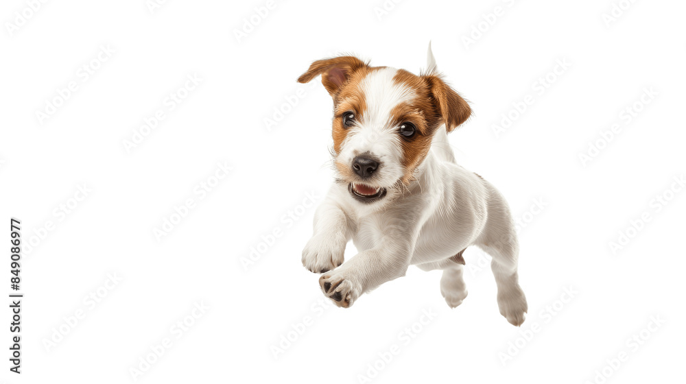 Portrait of cute playful puppy of Jack Russell Terrier in motion jumping isolated over white studio white transparent background Portrait of cute playful puppy of Jack Russell Terrier in motion jumping isolated over white studio white transparent background