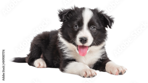 Super adorable typical black with white Border Collie dog pup laying down facing front Looking towards camera with the sweetest eyes Pink tongue out panting Isolated on a white
