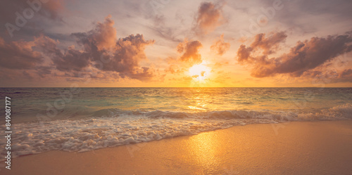 Fototapeta Naklejka Na Ścianę i Meble -  Summer closeup sunset sea sky landscape. Colorful ocean beach sunrise. Beautiful beach reflections calm waves, soft sandy beach. Perfect tropical coast horizon scenic coast view. Mediterranean nature