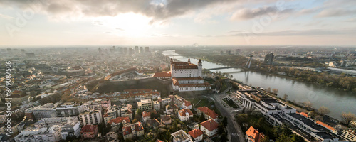 Photography Bratislava skyline and Danube river  and bridges during sunrise, Slovakia