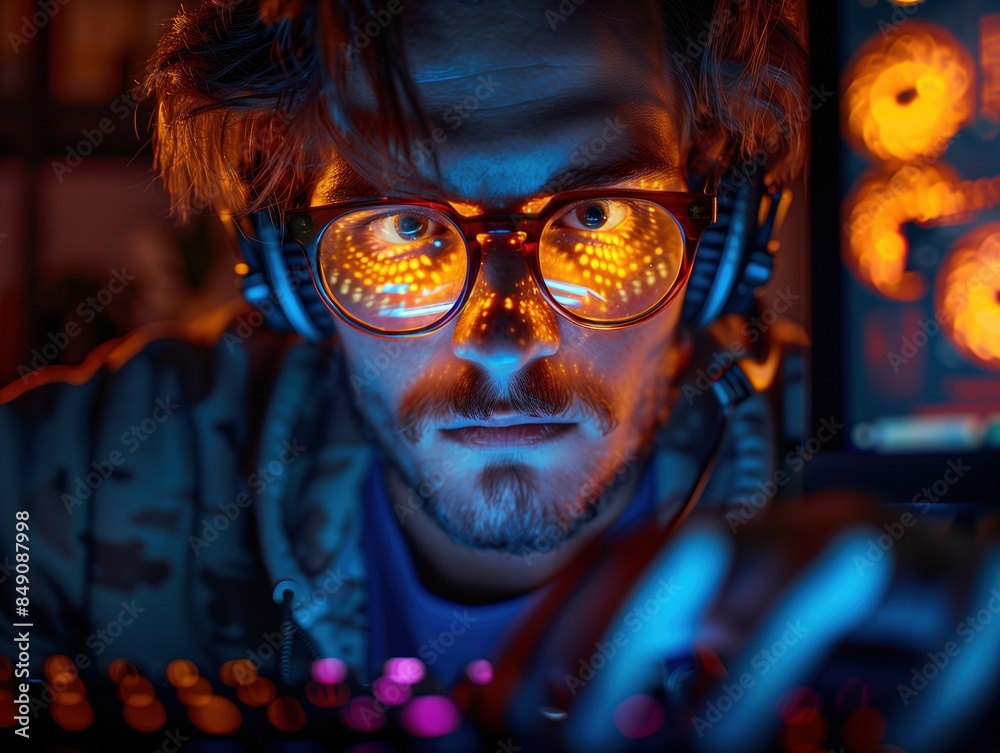 Focused Gamer with Glasses Reflecting LED Lights
