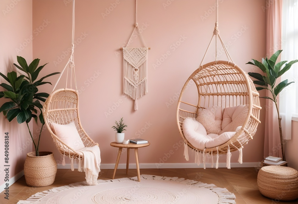 interior design style- reading nook with a hanging rattan chair, cozy floor pouf, and a macrame wall hanging