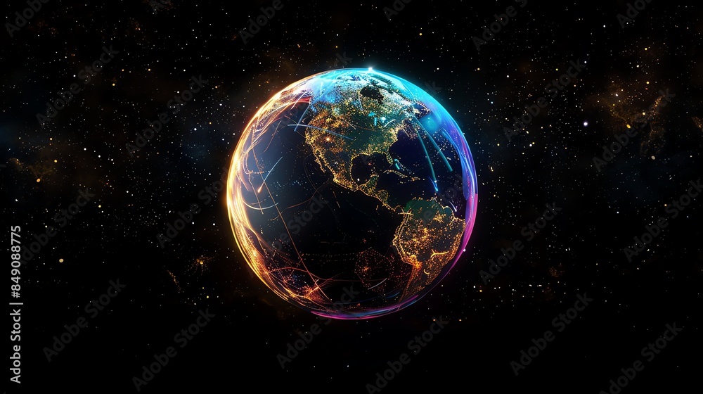 A glowing, digital rendering of Earth with lines connecting cities and continents.