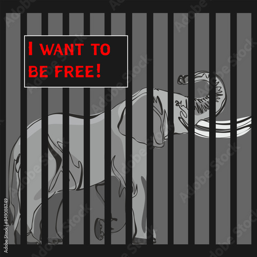 Protest to stop animal abuse, against zoo and cruelty to wild animals. Antizoo concept vector illustration. Animal in the cage as a prisoner, Freedom to wild animals