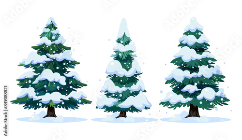 Winter Holiday elements collection, Cartoon Xmas green fir trees covered with snow flat vector illustration, Christmas trees, festive decorations, winter season celebration, seasonal ornaments © LOVE VECTOR
