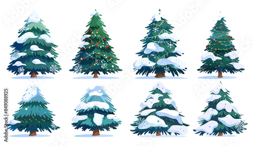 Winter Holiday elements collection, Cartoon Xmas green fir trees covered with snow flat vector illustration, Christmas trees, festive decorations, winter season celebration, seasonal ornaments photo