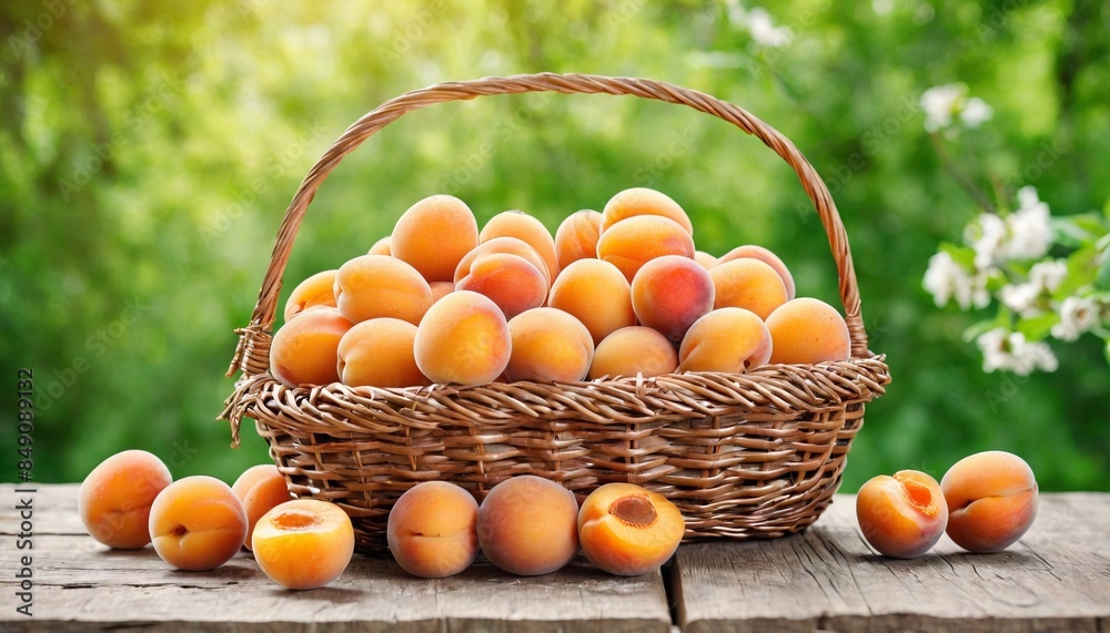 A basket filled with apricot is placed on top of a wooden table, showing the harvest of fresh produce. Healthy food, summer fruits. Design for banner, poster with copy space. Farm products. A basket filled with apricot is placed on top of a wooden table, showing the harvest of fresh produce. Healthy food, summer fruits. Design for banner, poster with copy space. Farm products.