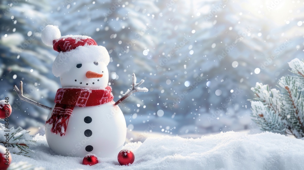 A Christmas snowman set against a snowy white backdrop A Christmas snowman set against a snowy white backdrop