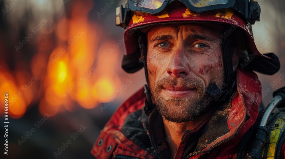 Portrait of a firefighter with a reflective and somber expression in front of flames Portrait of a firefighter with a reflective and somber expression in front of flames